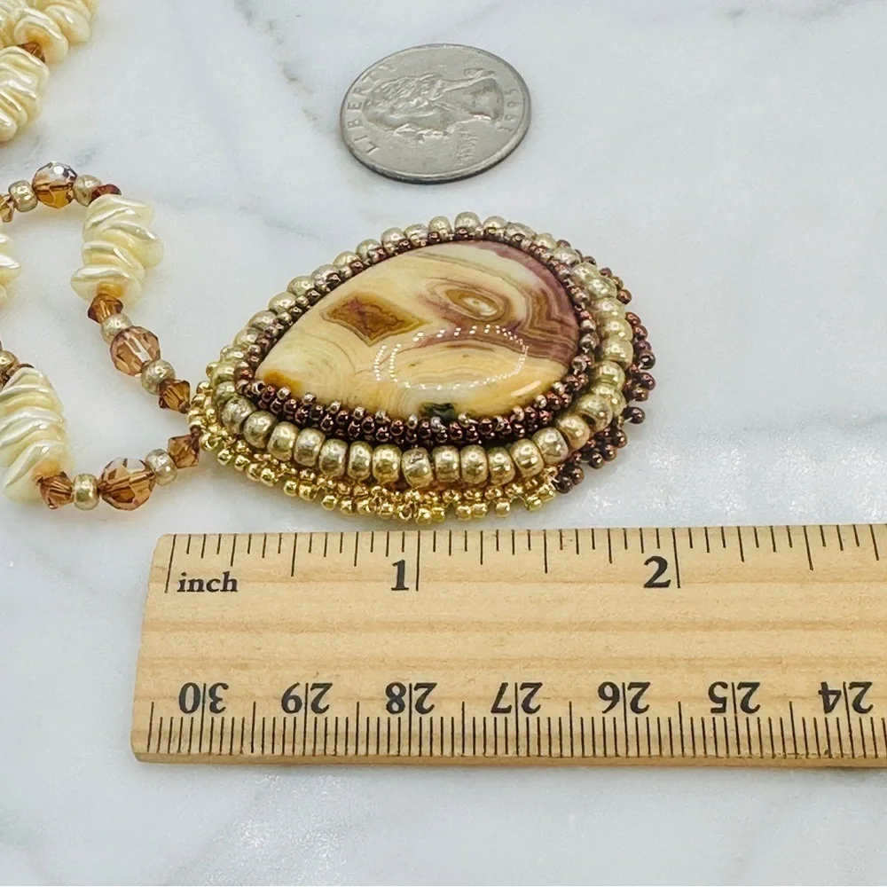 Vintage Stone Pendant Necklace Embroidery Bead Edge Leather Back 25” Long 70s